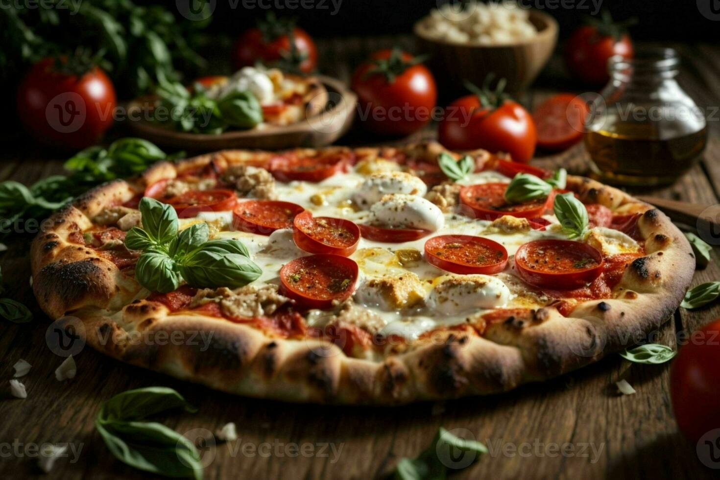 utsökt pizza med mozzarella på en choklad trä- styrelse på en tabell och dekorerad med tomat. ai generativ proffs Foto