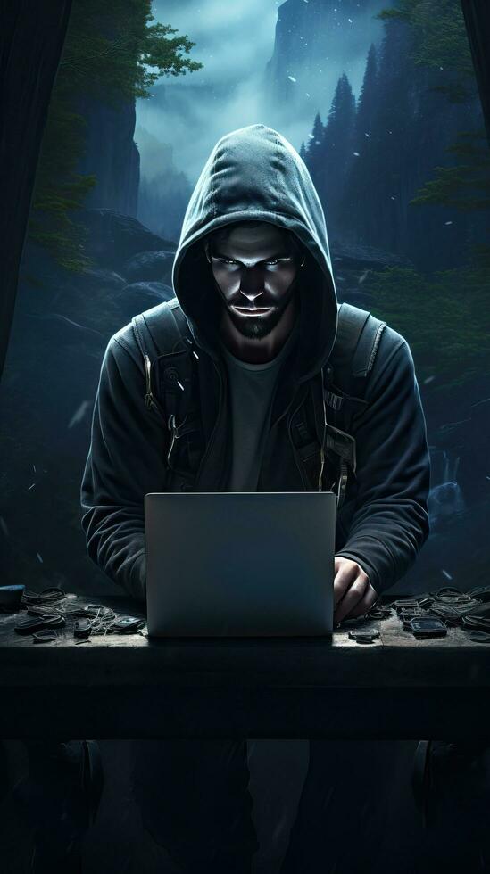 hacker skriver på bärbar dator anonym begrepp. generativ ai foto