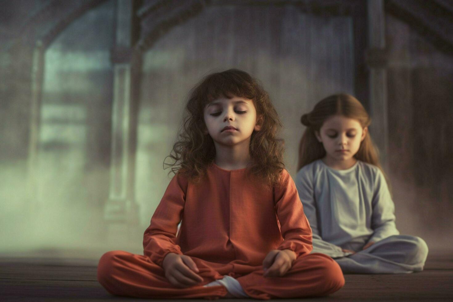 barn håller på med yoga och meditation tillsammans foto