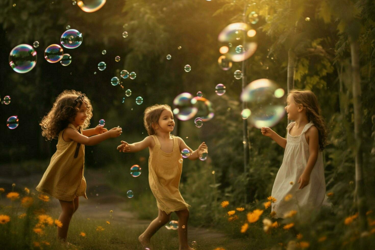 barn som leker med bubblor foto