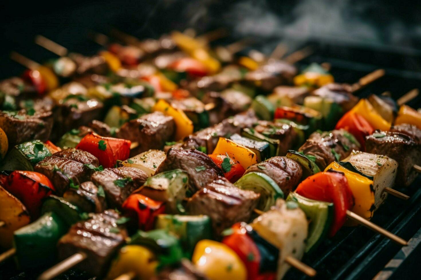 anbud kuber av nötkött skewered med färgrik vegetab foto