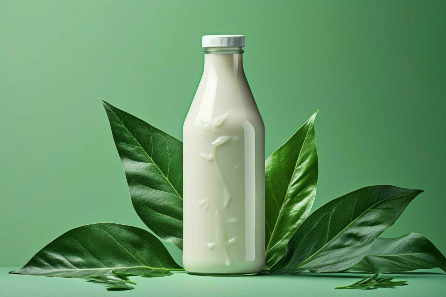 en flaska av mjölk med en grön blad Nästa till den foto