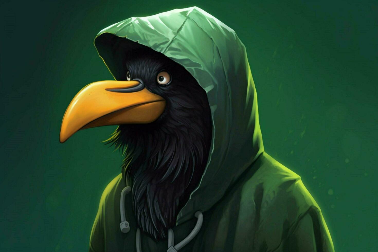 en tecknad serie bild av en fågel bär en grön jacka foto