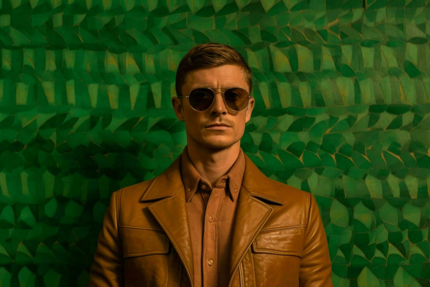 en man bär en brun jacka och solglasögon stå foto