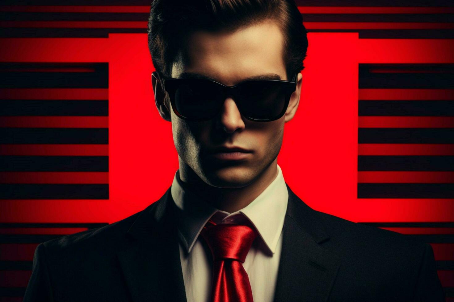 en man bär solglasögon och en röd slips med de w foto