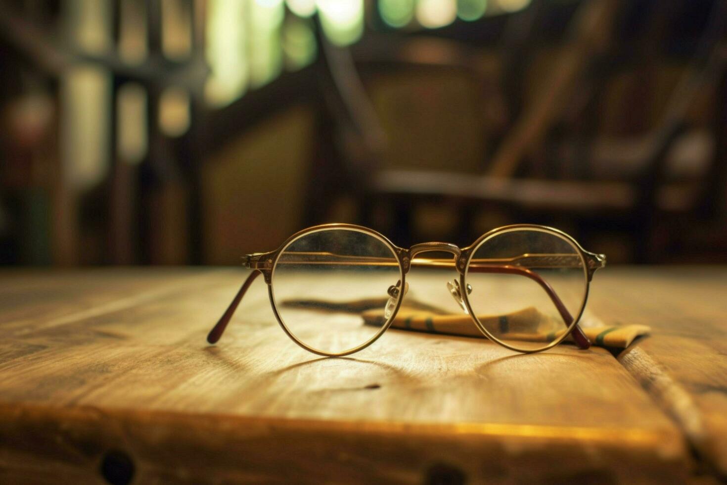 en par av glasögon på en trä- tabell foto