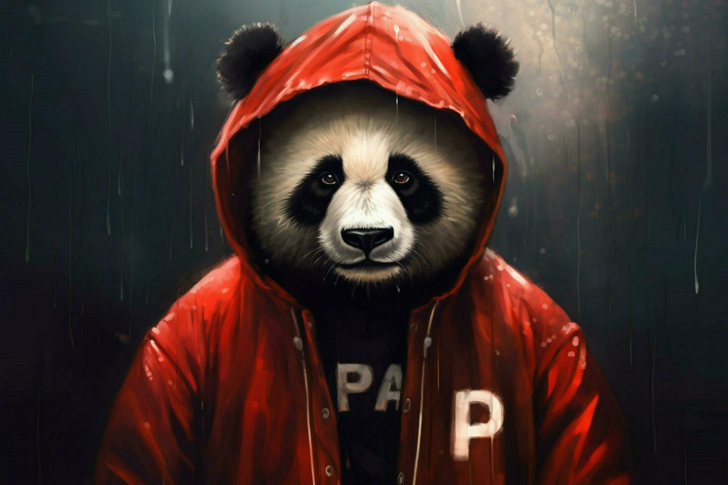en panda med en röd jacka och en luvtröja den där sägerp foto