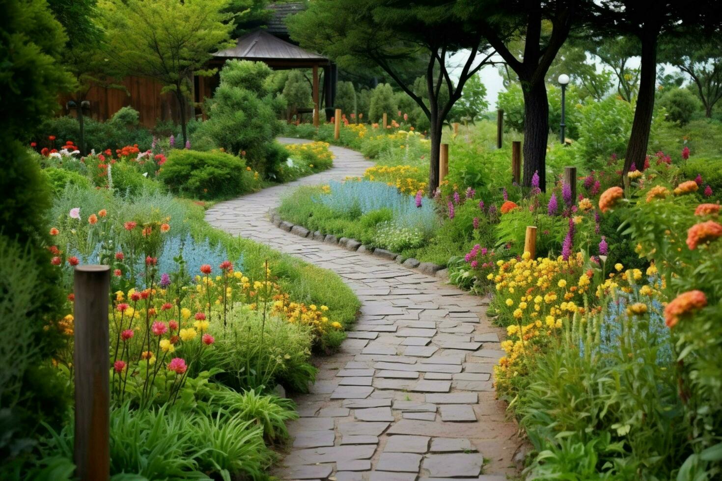 en väg ledande till en blomma trädgård med en blommig foto