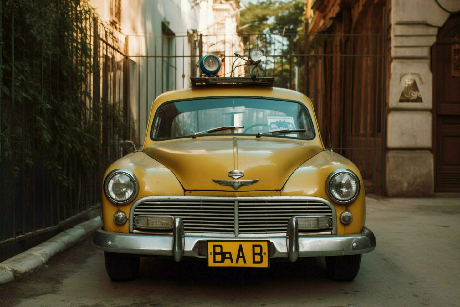 en årgång bil med en gul licens tallrik den där säger foto