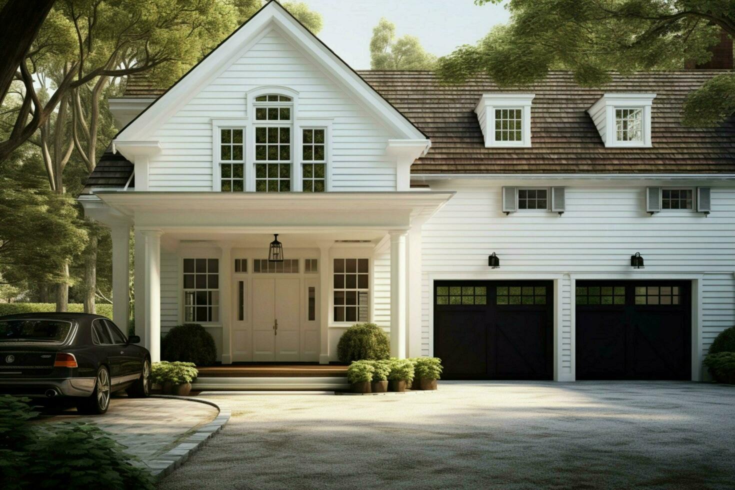 en vit hus med en stor främre dörr och en garage foto