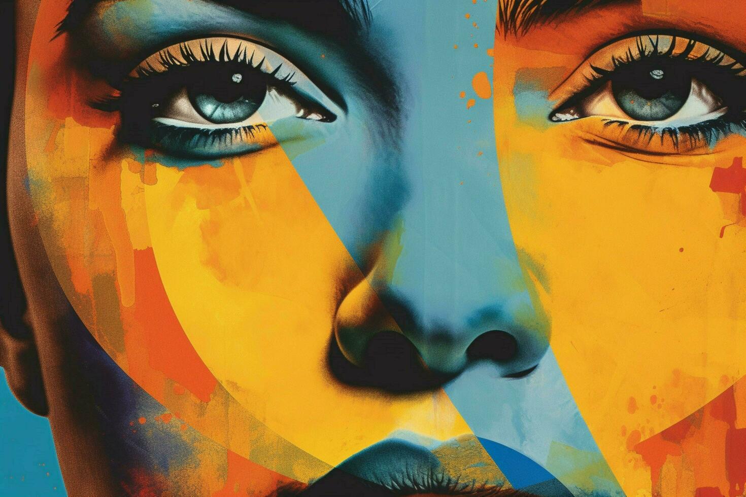 en kvinnors ansikte med en blå och orange bakgrund en foto