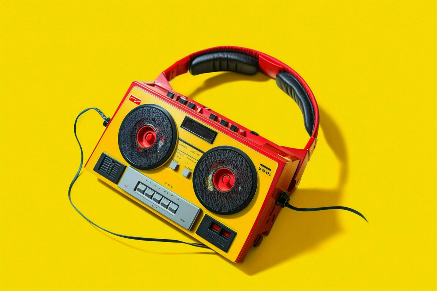 en gul kassett spelare med en röd hörlurar på foto
