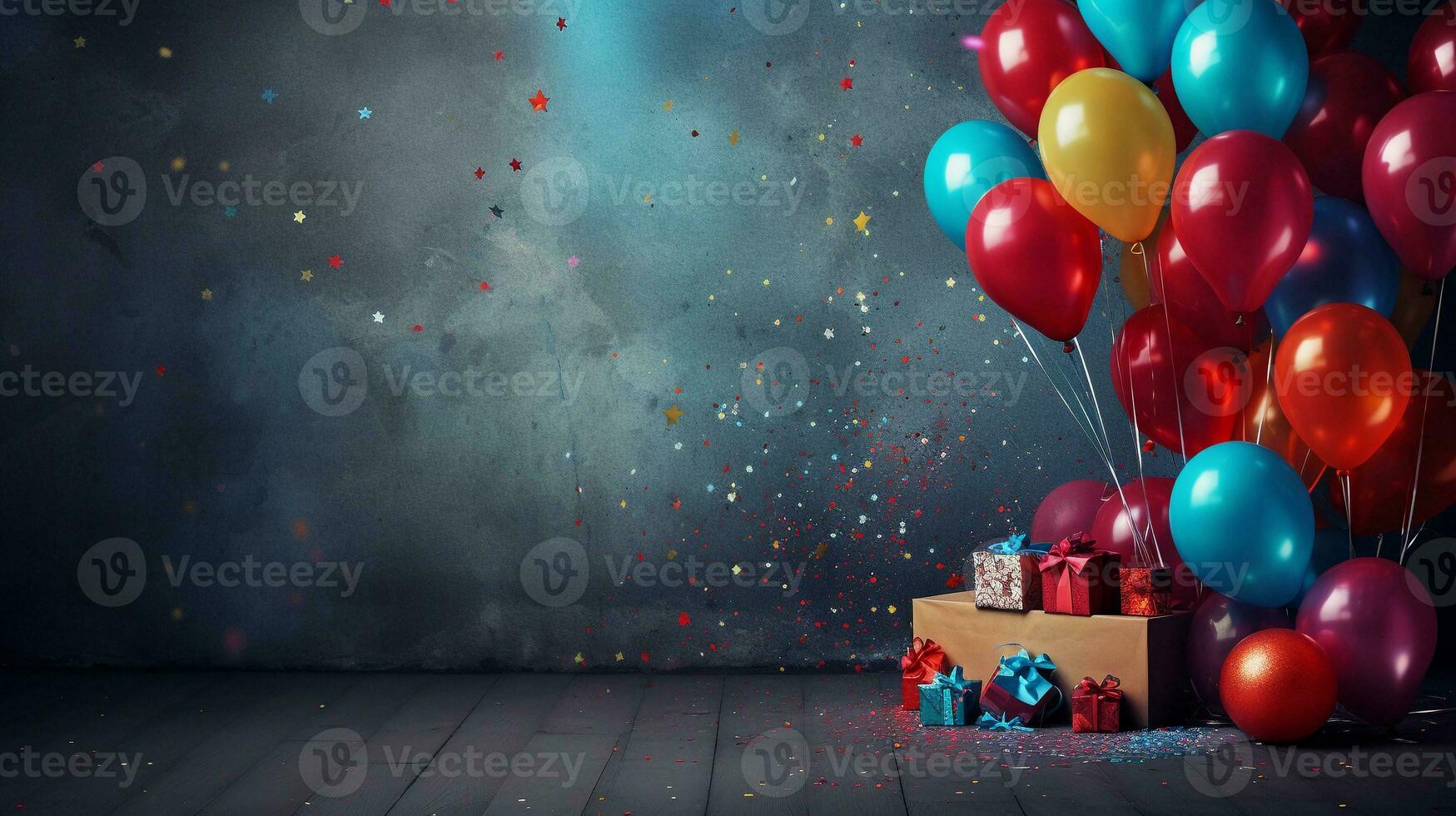 en festlig arrangemang av vibrerande ballonger i olika former och storlekar mot en texturerad konfetti bakgrund. ai genererad foto