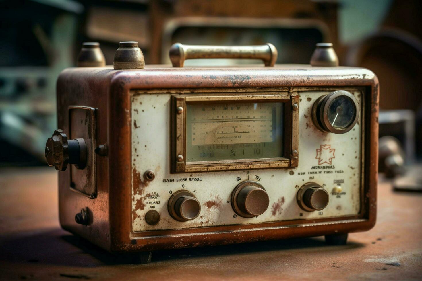 ett gammal fashioned radio med en rostig knopp foto