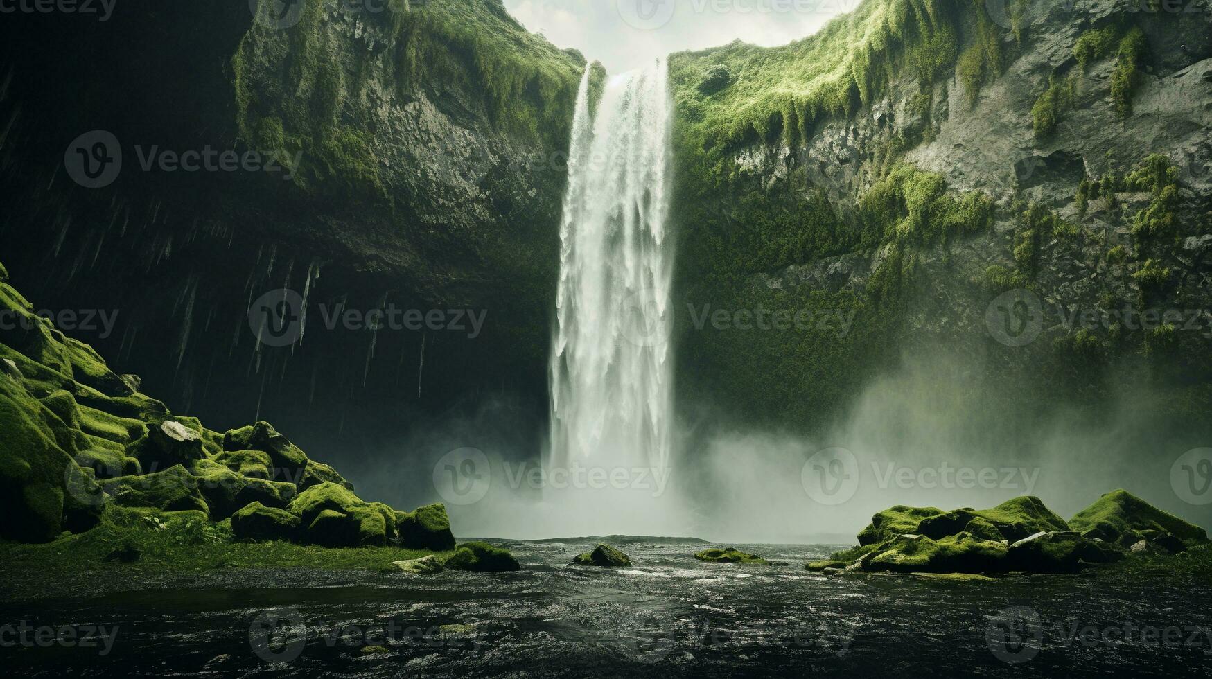 en fascinerande bild av en lugn vattenfall omgiven förbi frodig grönska med Plats för text, med en texturerad klippig bakgrund. ai genererad foto