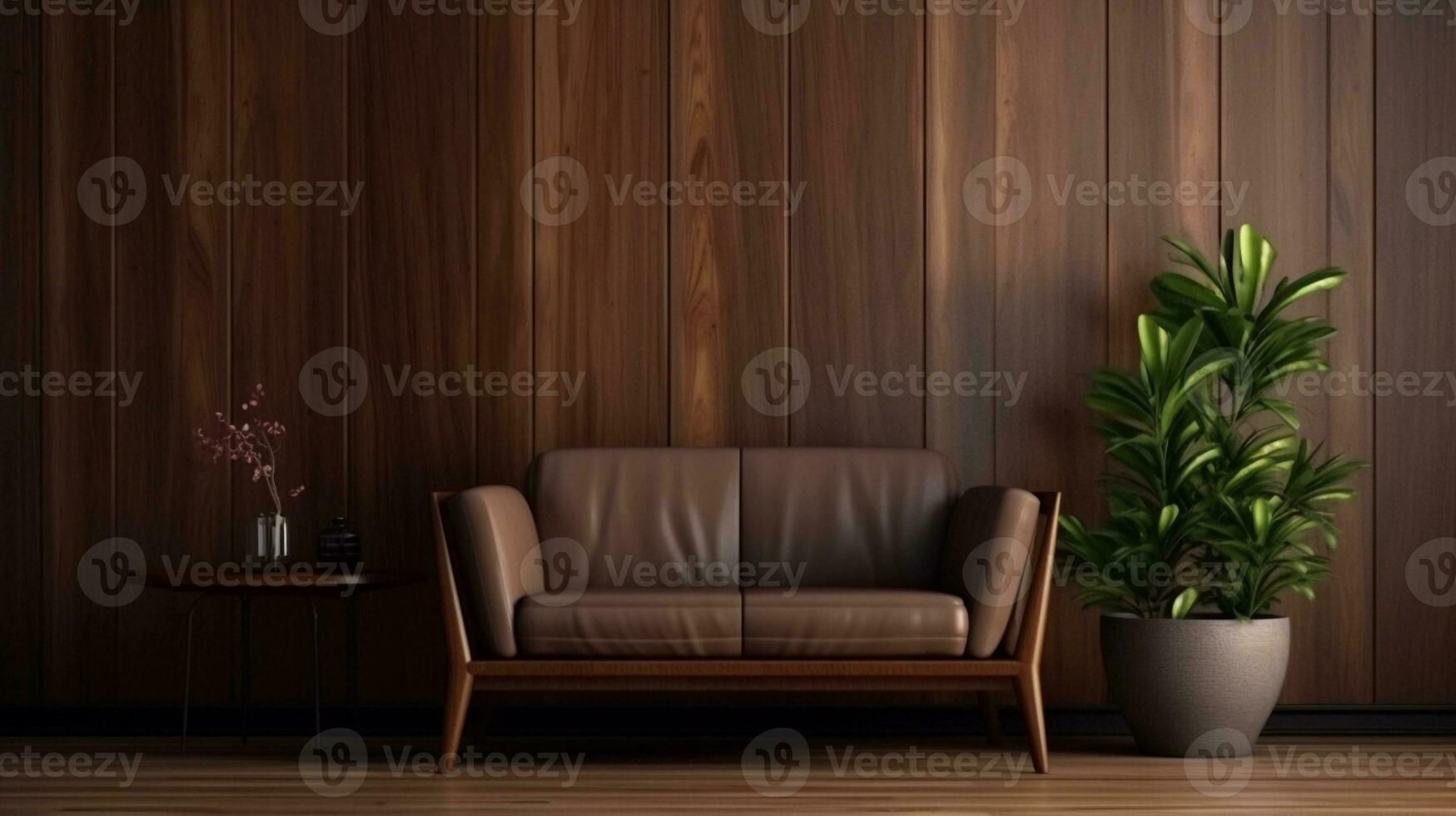 levande rum möbel visa med Plats för text och trä- vägg bakgrund, bakgrund bild, ai genererad foto