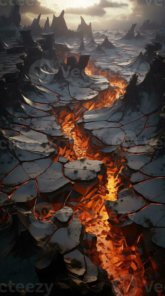 ett bild terar invecklad lava sprickor i en vulkanisk landskap, vertikal formatera, bakgrund bild, generativ ai foto