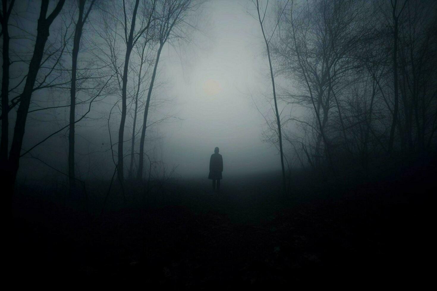 mörk silhuett stående i dimma gående ensam foto