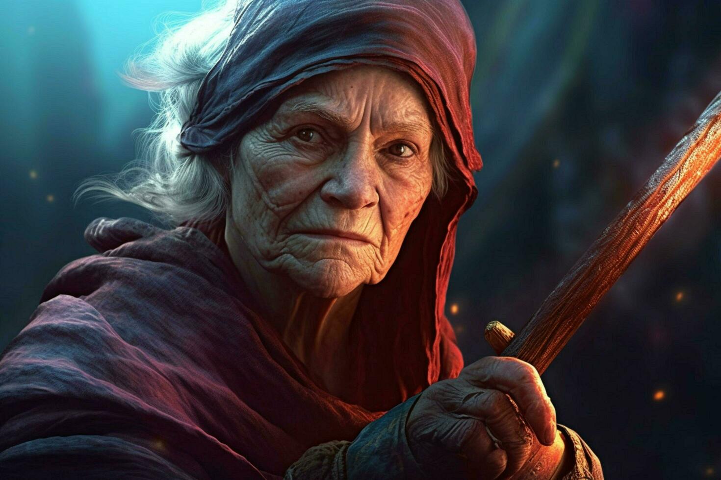krigare gammal kvinna gaming fiktiv värld foto