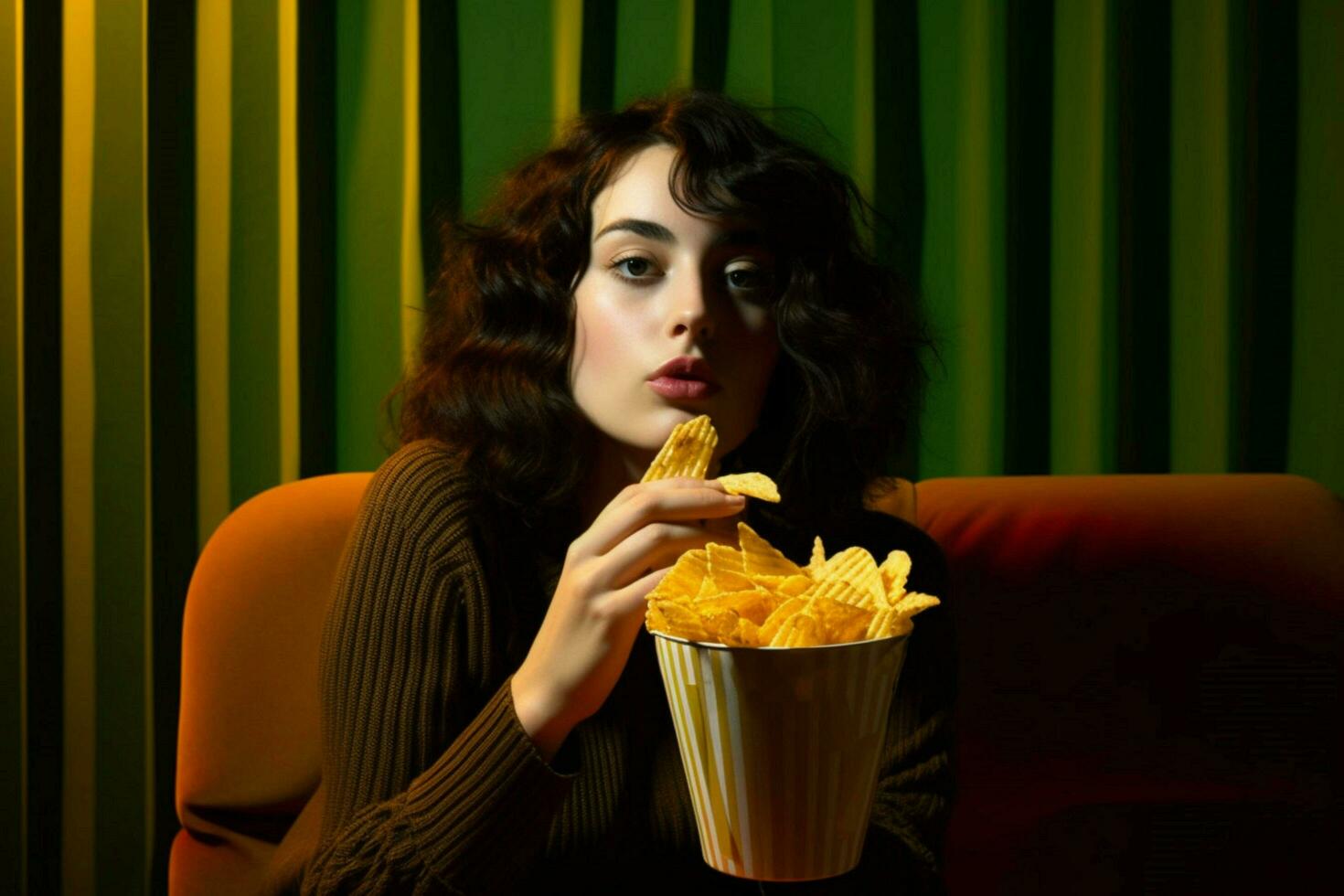 kvinna äter pommes frites foto