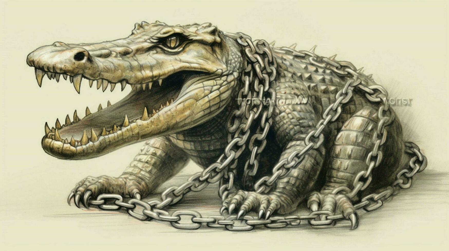 en teckning av en krokodil med kedjor runt om den foto