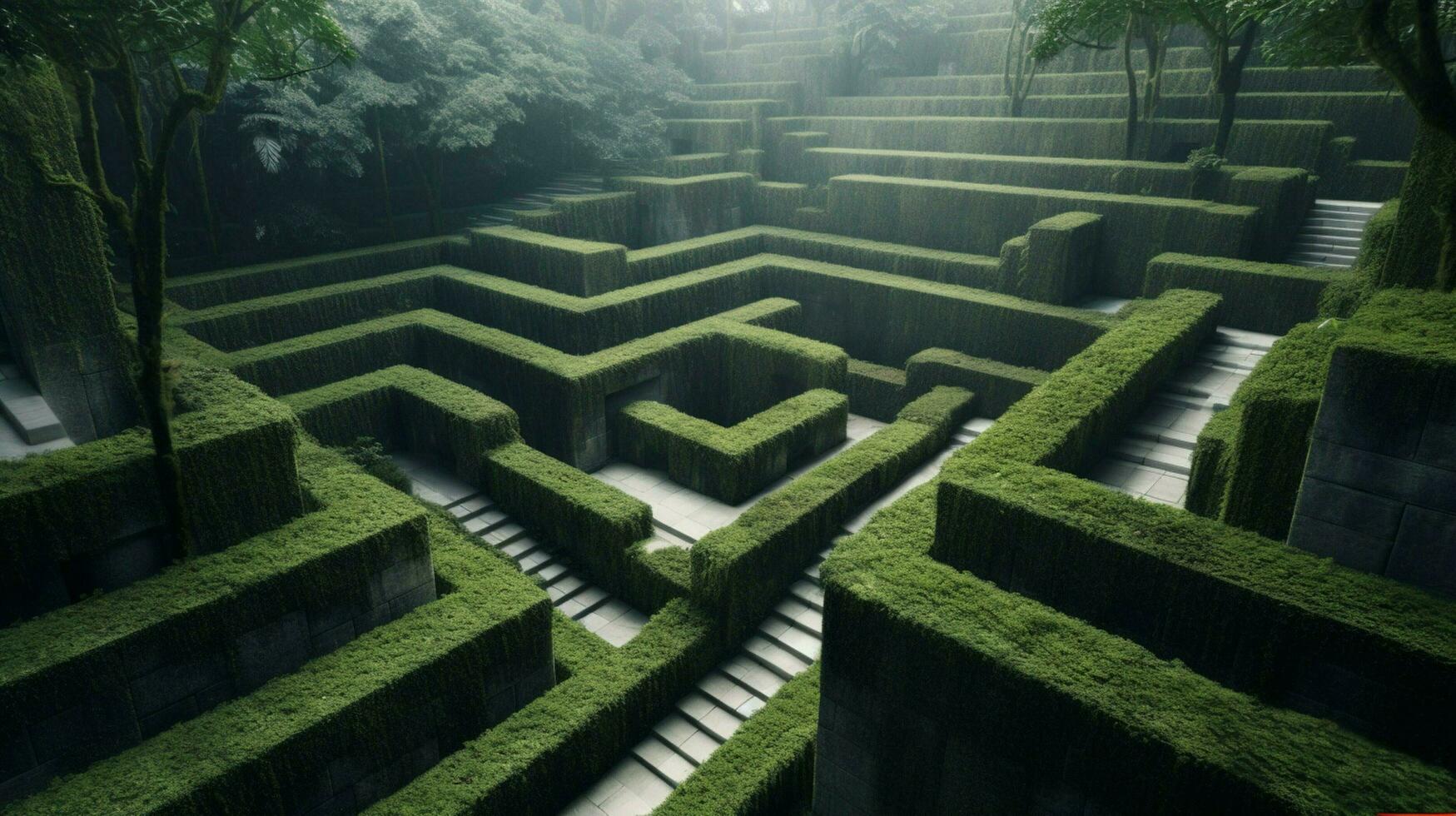 en fantasi labyrint i djungel hög väggar av betong foto