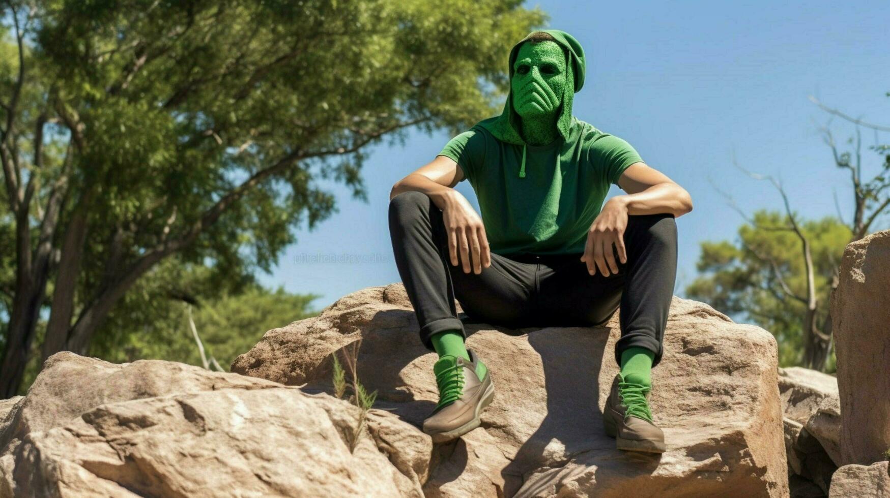 en man i en grön skjorta med en mask på hans ansikte si foto