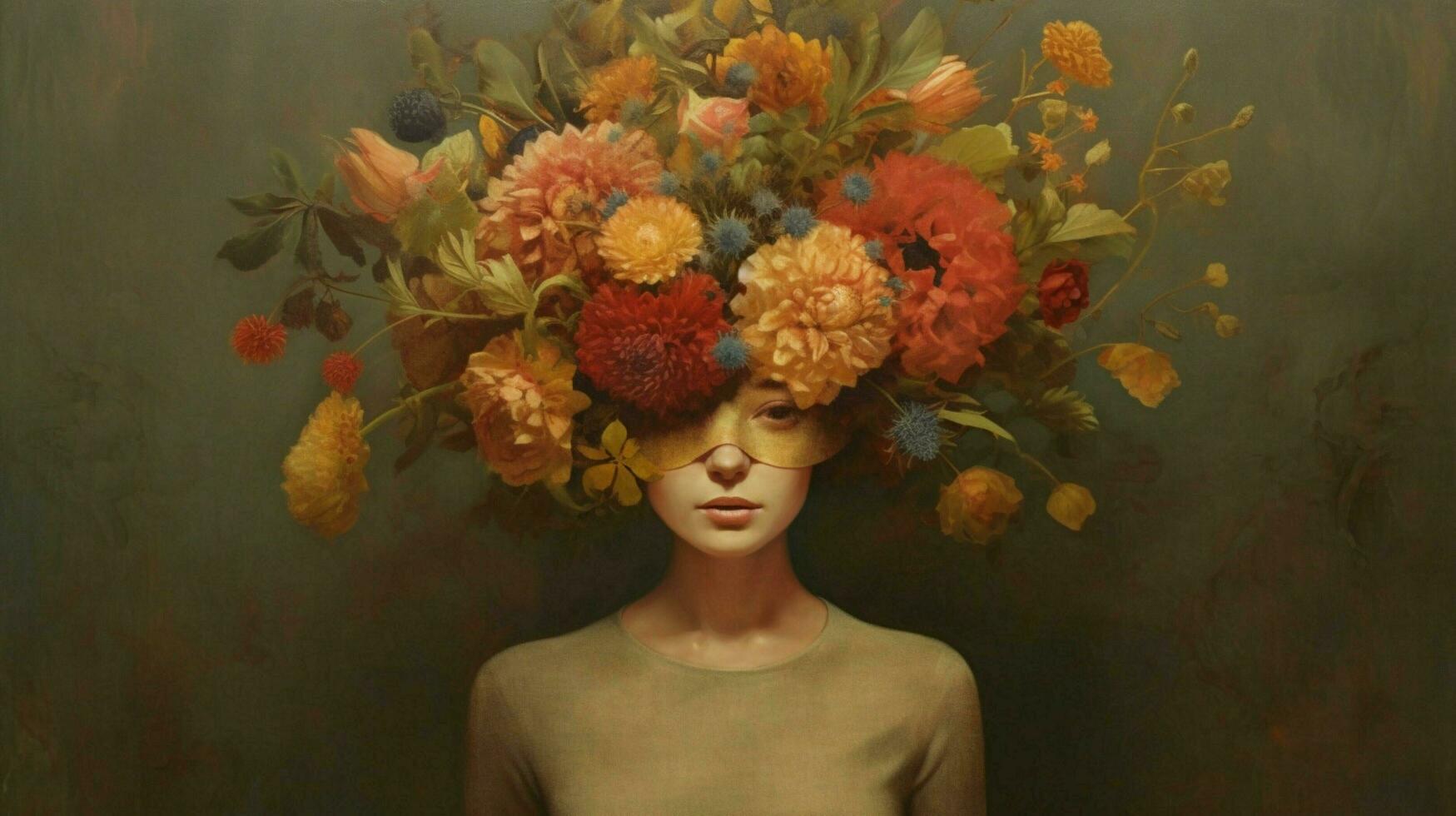 en kvinna i en mask med en blomma på henne huvud foto