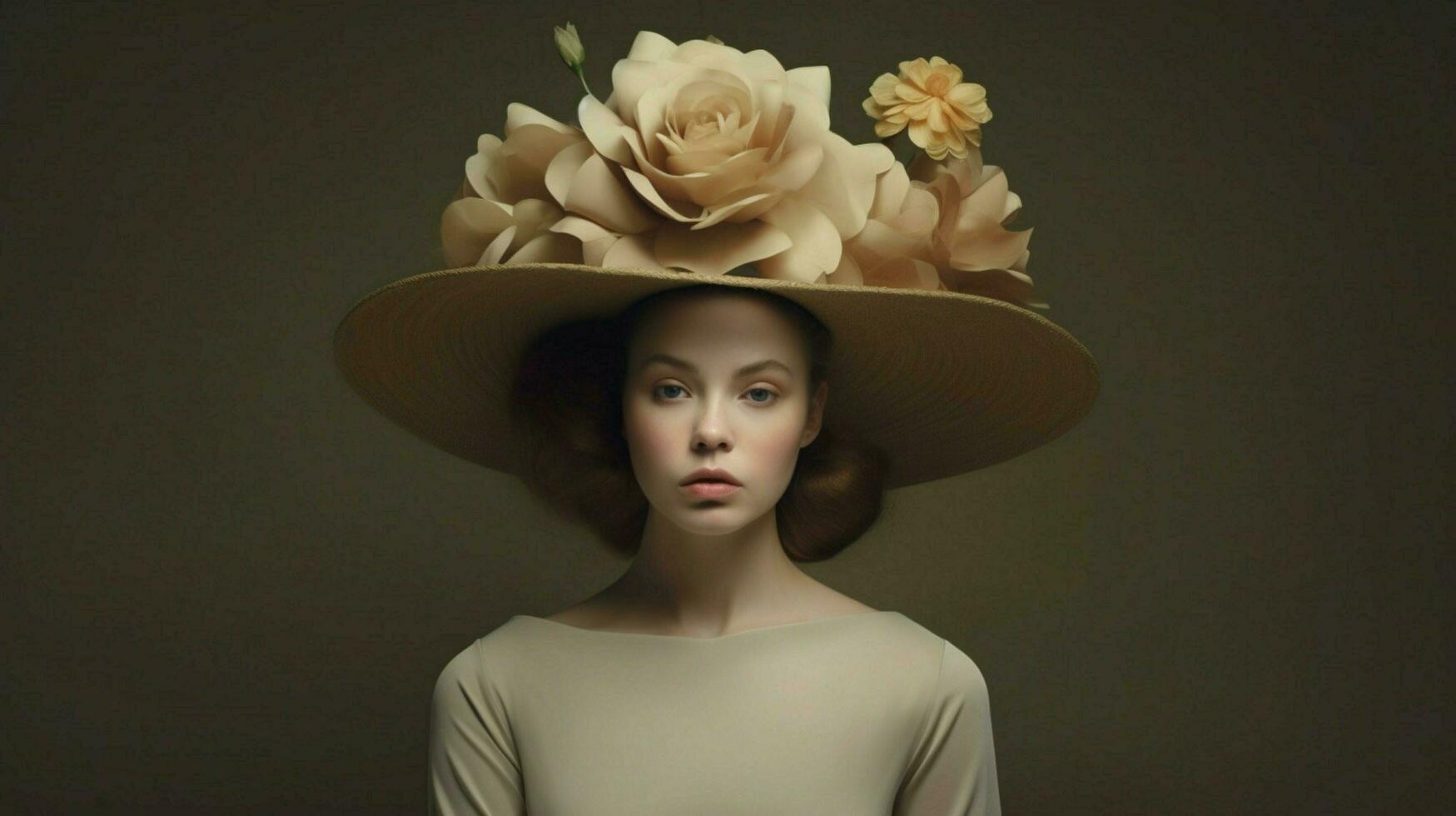en kvinna med en hatt och en blomma på henne huvud foto