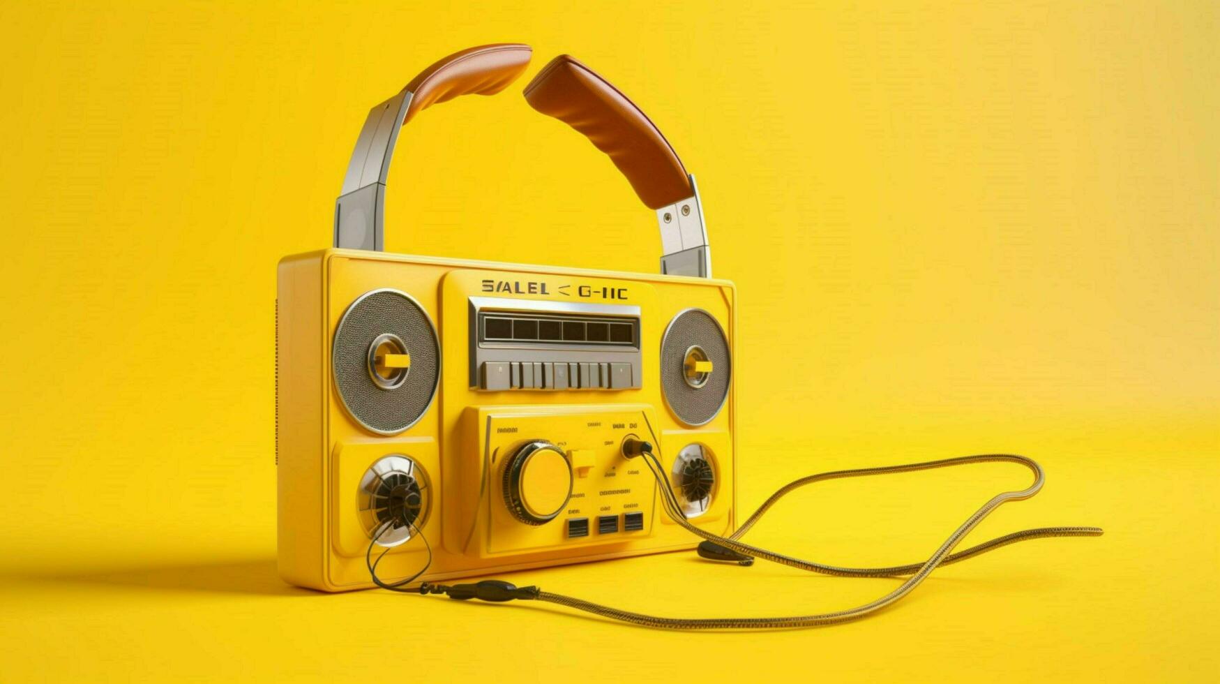 en gul kassett spelare med hörlurar och en mi foto