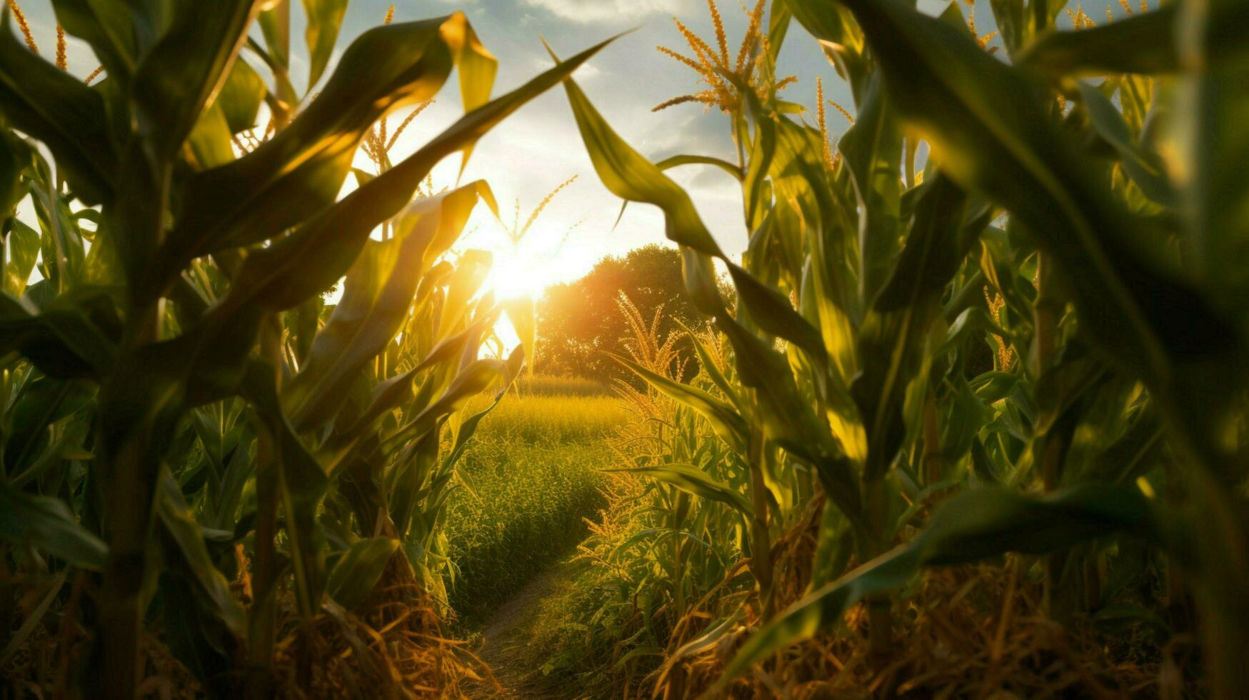 majs fält med de Sol lysande genom de lämna foto