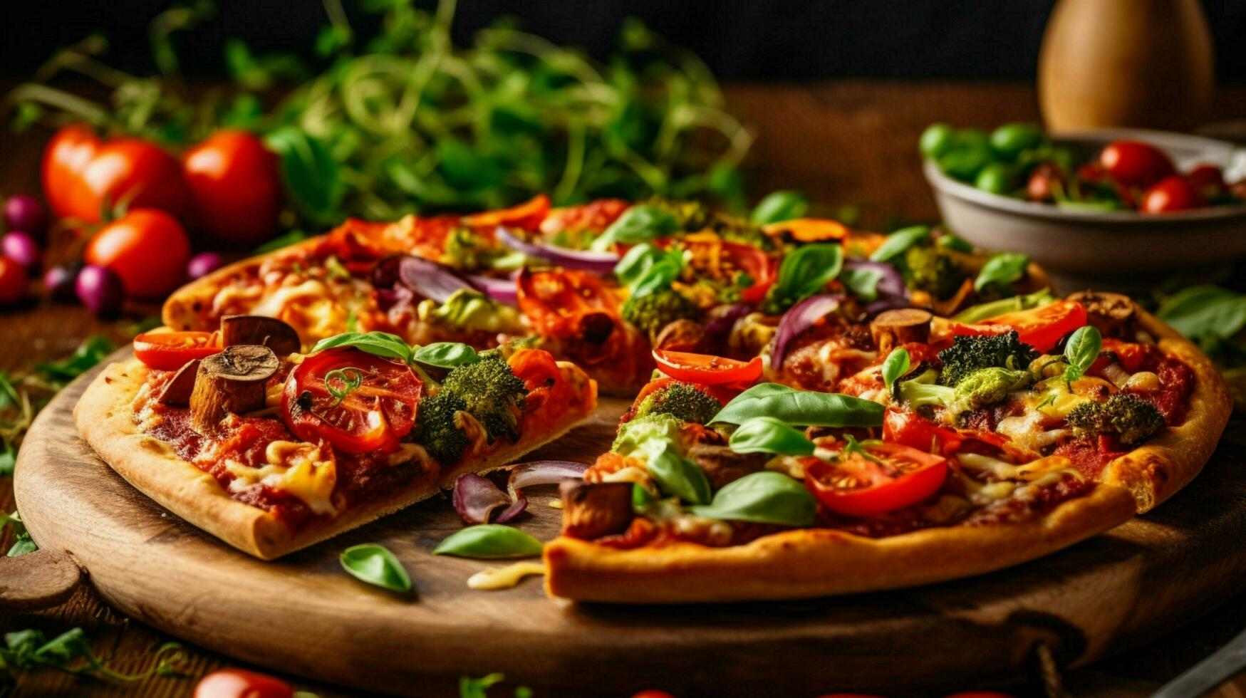 utsökt vegan pizza med färsk grönsaker ört foto