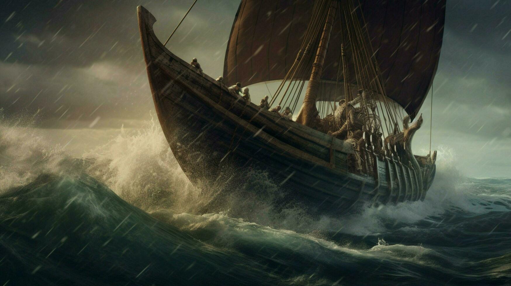 majestätisk viking fartyg segling på stormig hav med foto