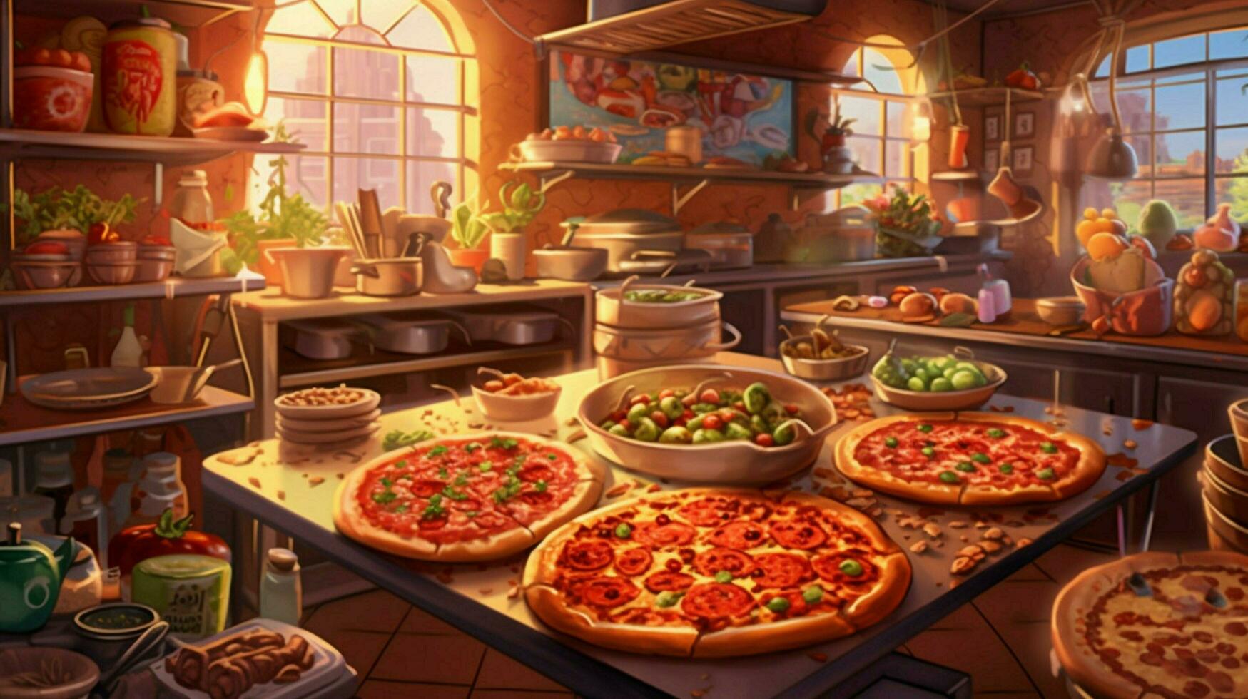pizzeria med mängd av pizzor och pålägg foto