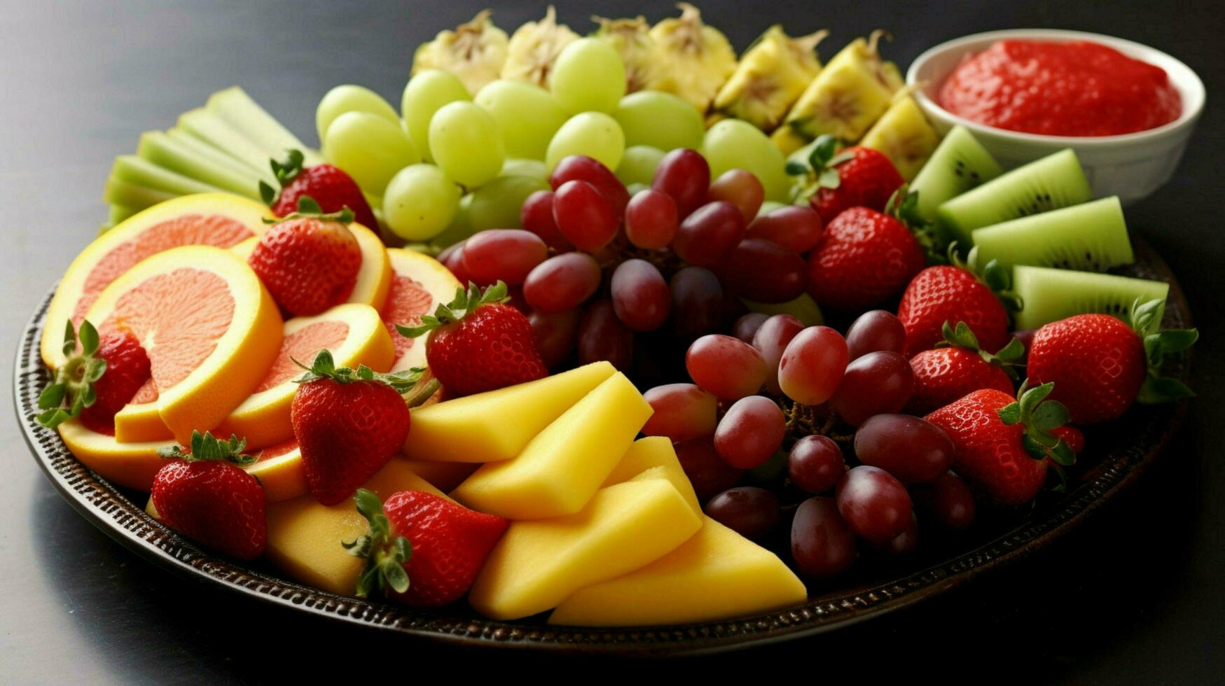 tallrik av färsk frukt och grönsaker perfekt foto