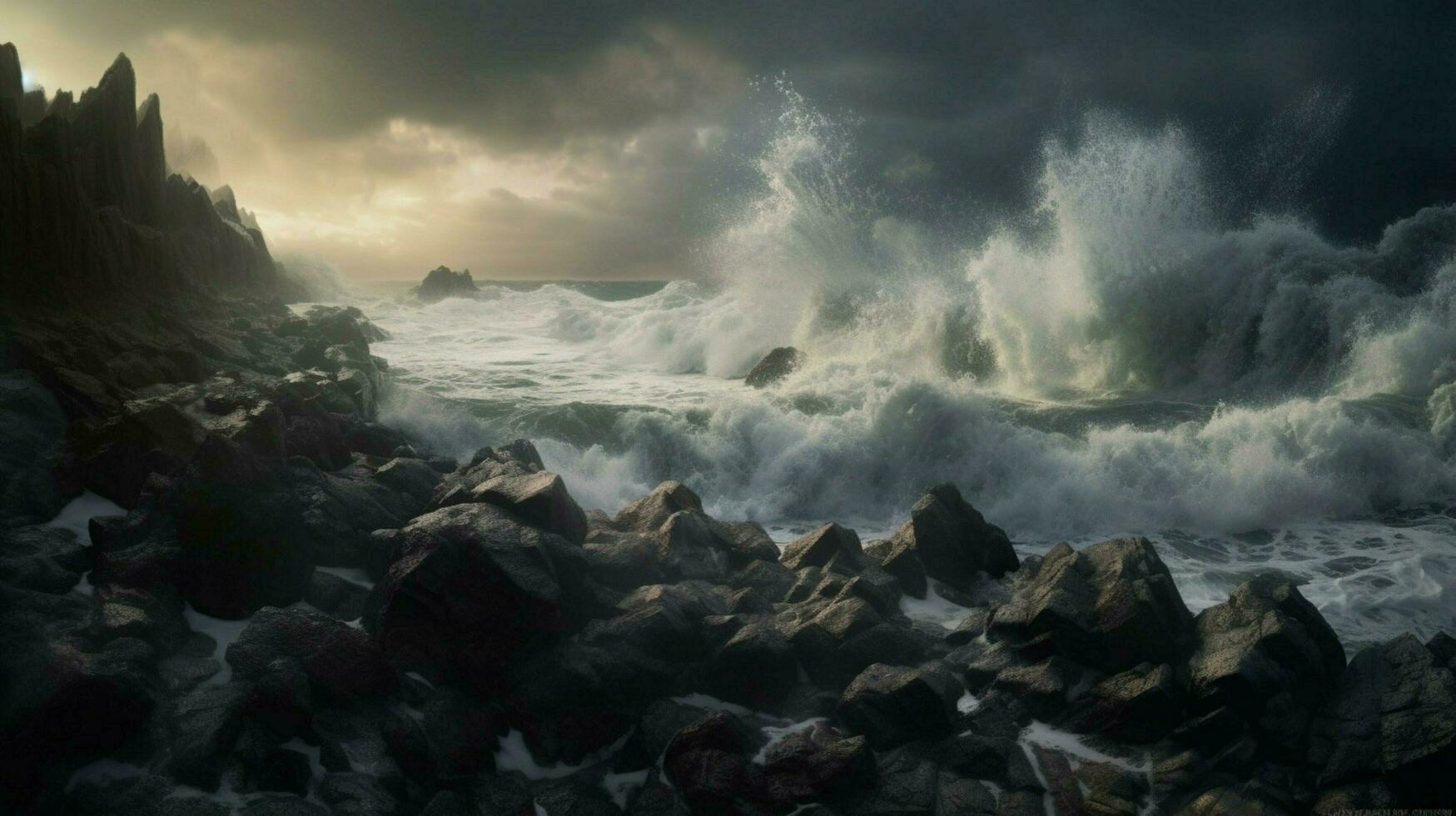 tsunami vågor kraschar mot klippig strandlinje foto