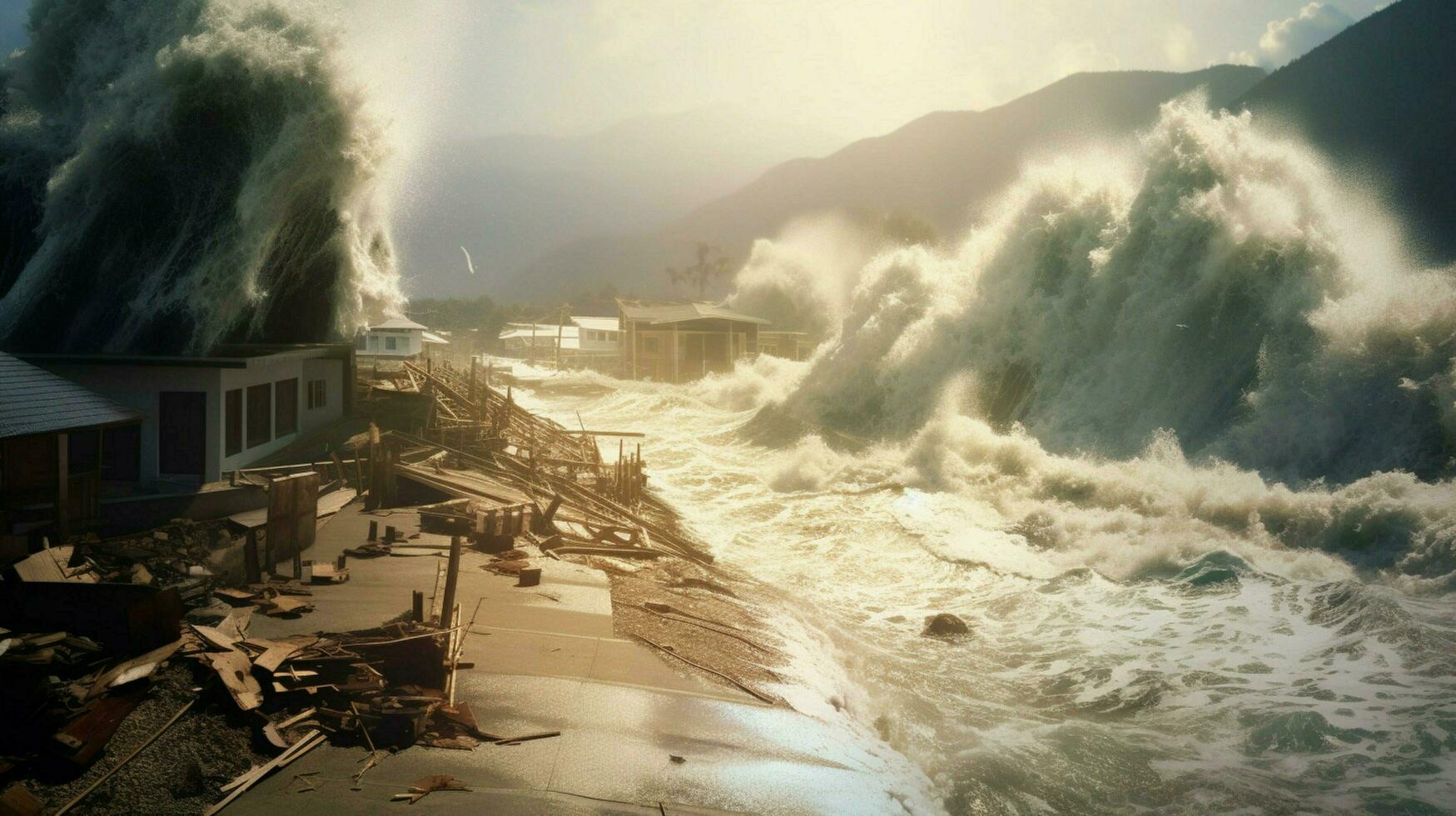 tsunami vågor kraschar mot de Strand sändning foto