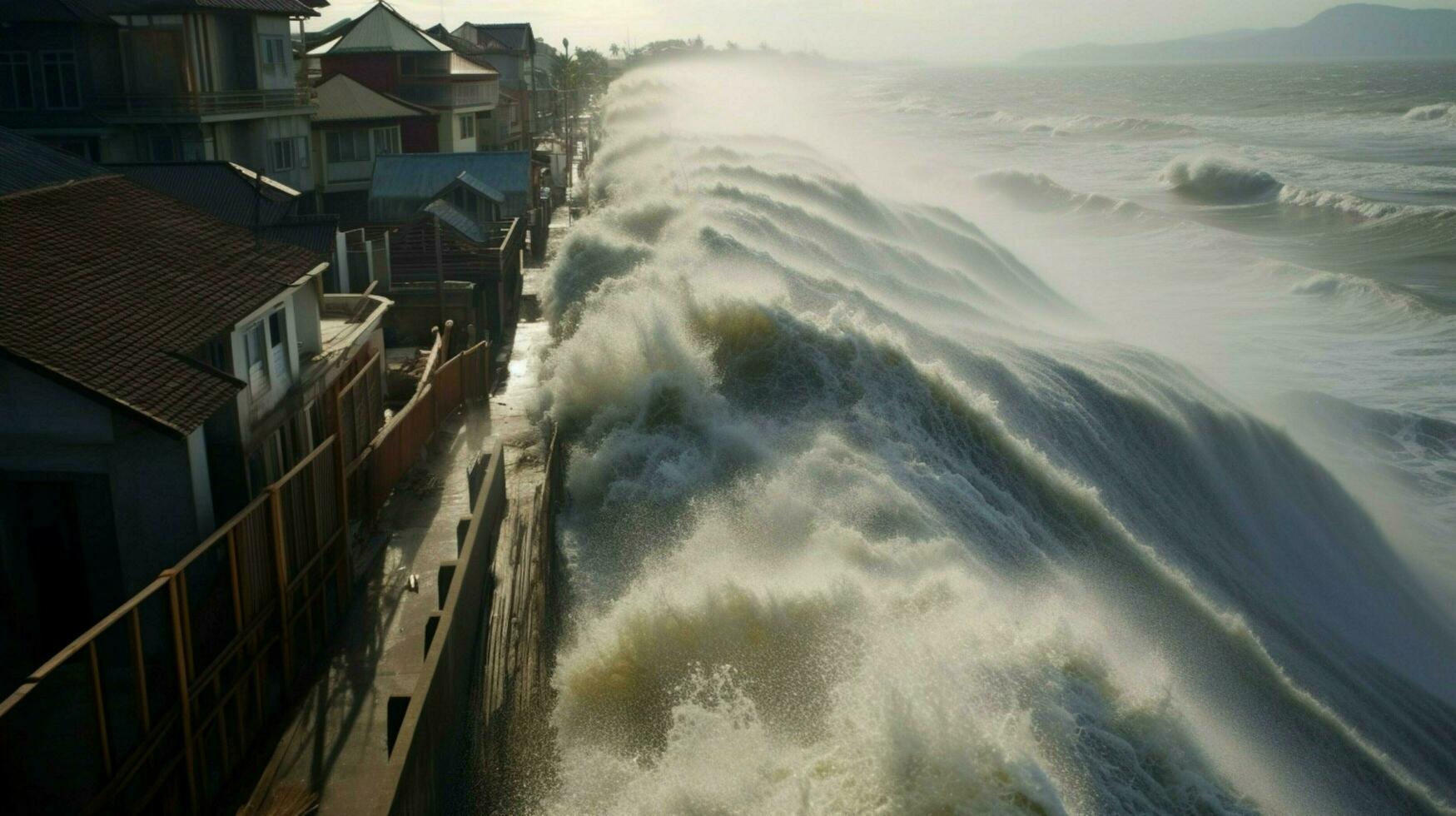 tsunami vågor kraschar över sjöväggar och vallar i foto