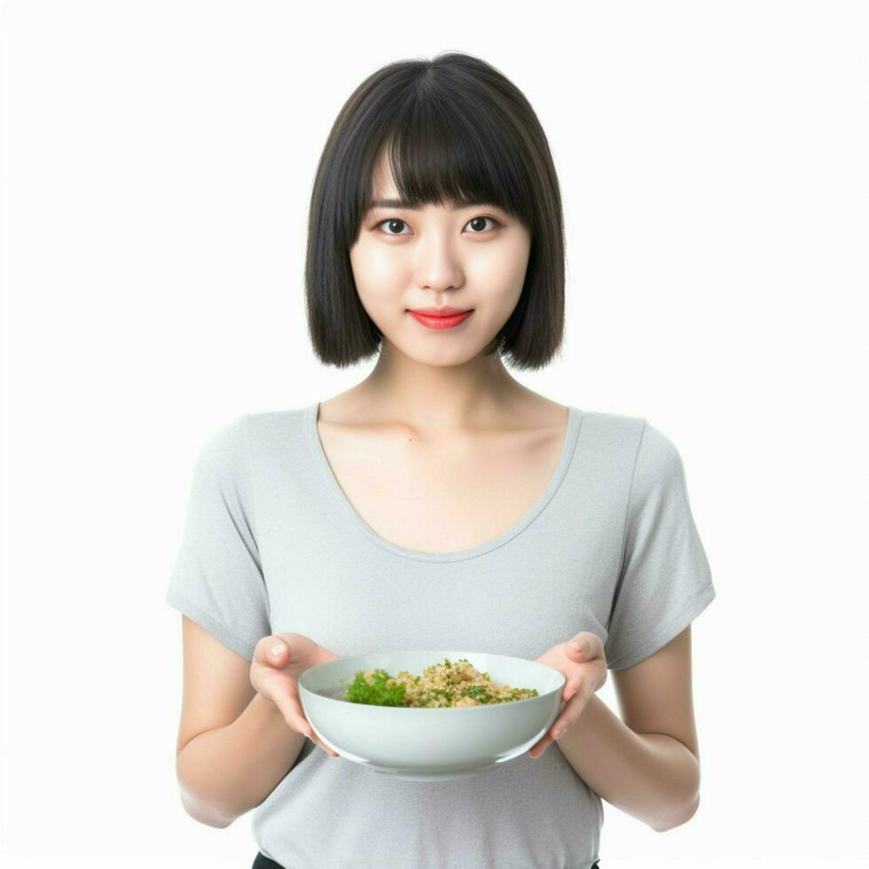 asiatisk ung kvinna är äter diet mat foto