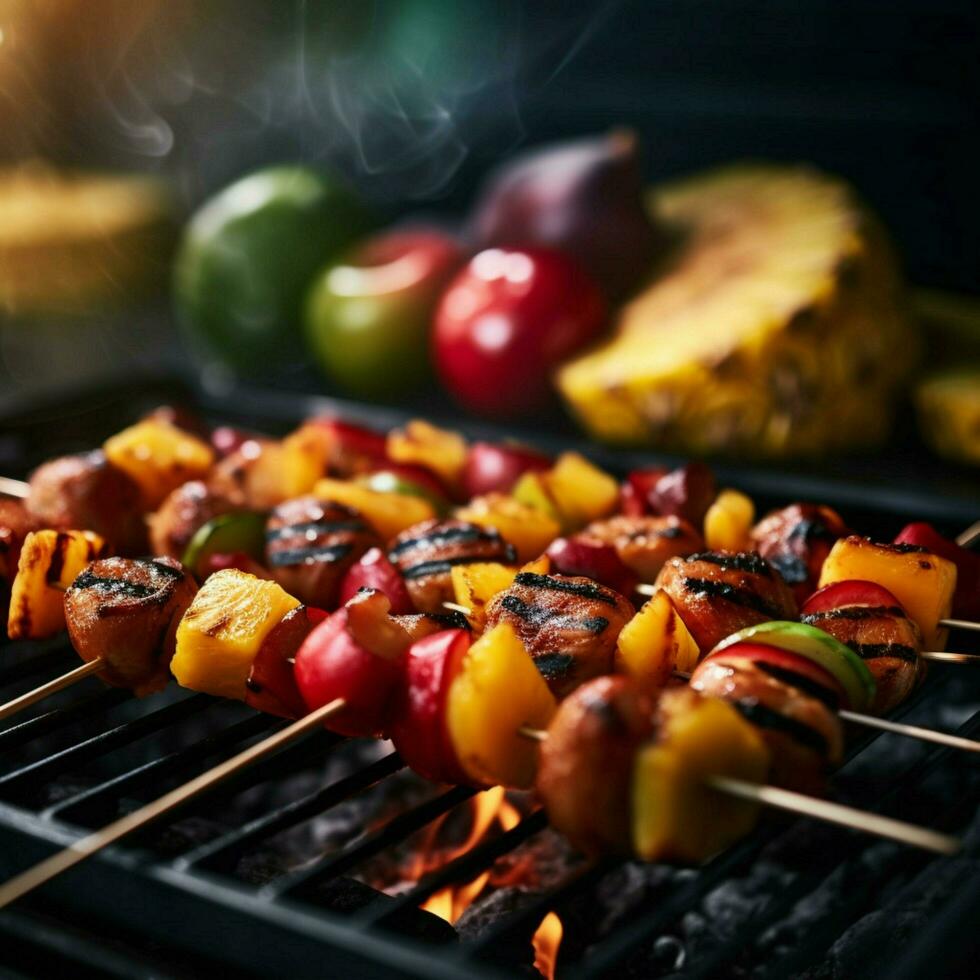 grillspett av färsk frukt Inklusive ananas persika foto