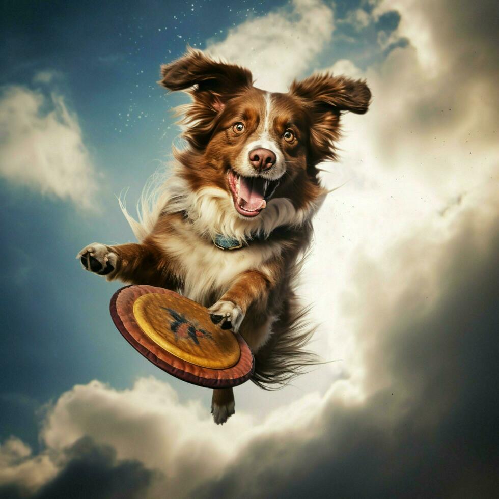 en dynamisk hund fångst en frisbee i luften foto