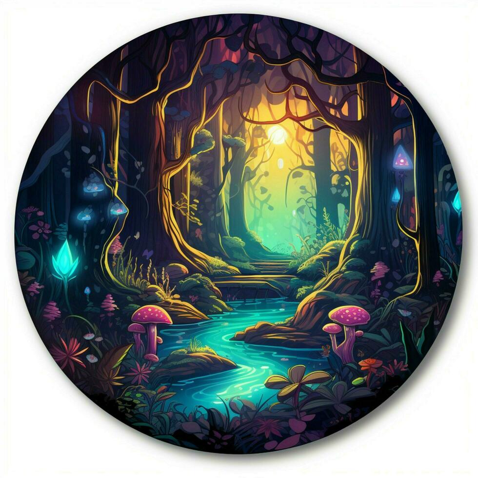 en klistermärke skildrar en magisk förtrollade skog med glowin foto