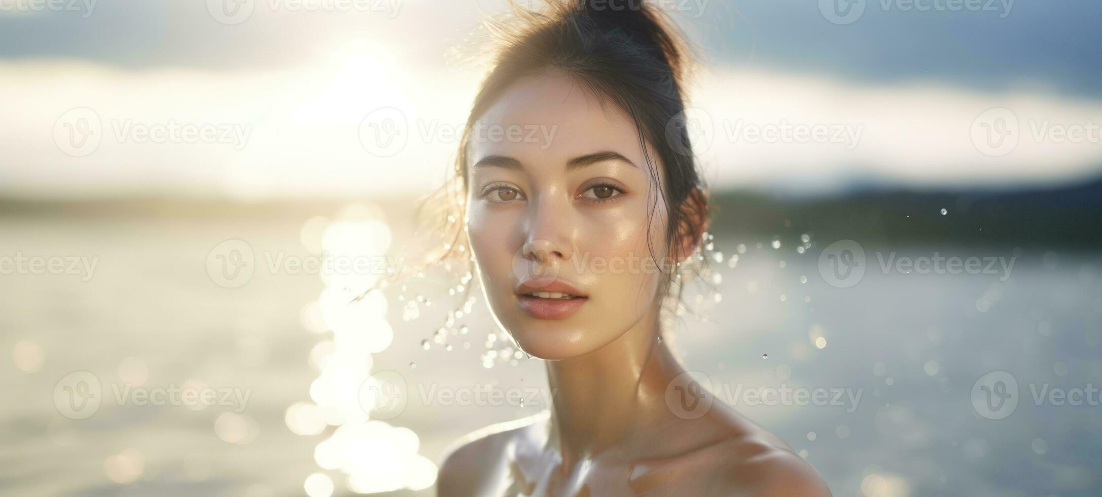 skön ung asiatisk kvinna med rena färsk hud vård, ansiktsbehandling behandling, skönhet och spa, ai foto