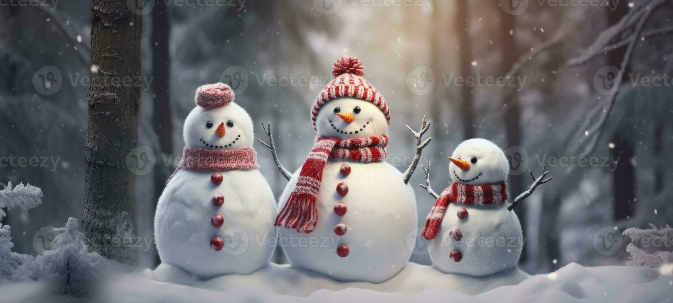 familj snögubbe med scarf i snö skog hälsning kort xmas jul foto
