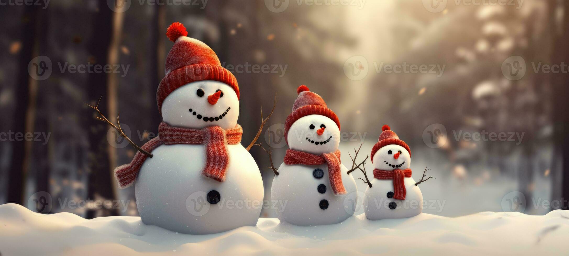 familj snögubbe med scarf i snö skog hälsning kort xmas jul foto