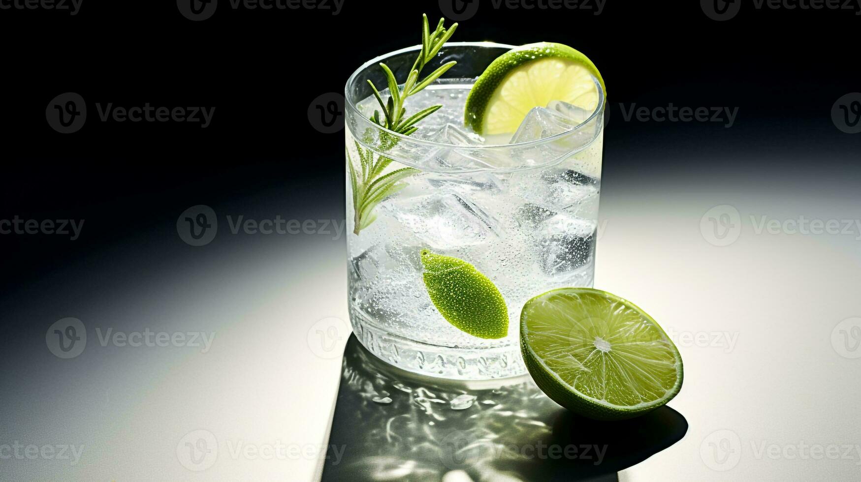 Foto av en gin och tonic dryck isolerat på svart bakgrund. generativ ai