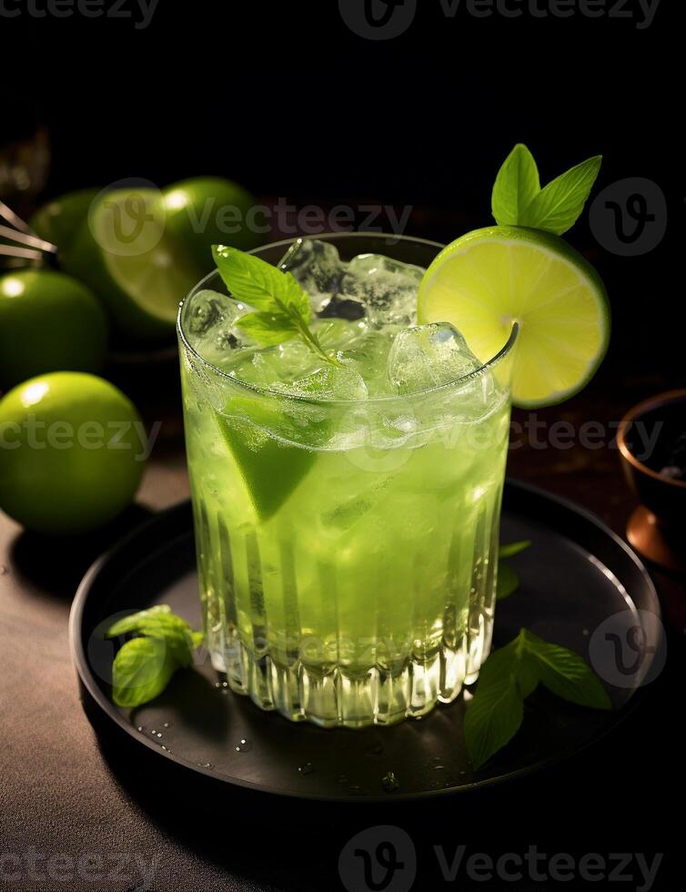 Foto av några caipirinha dryck elegant pläterad på en tabell. generativ ai