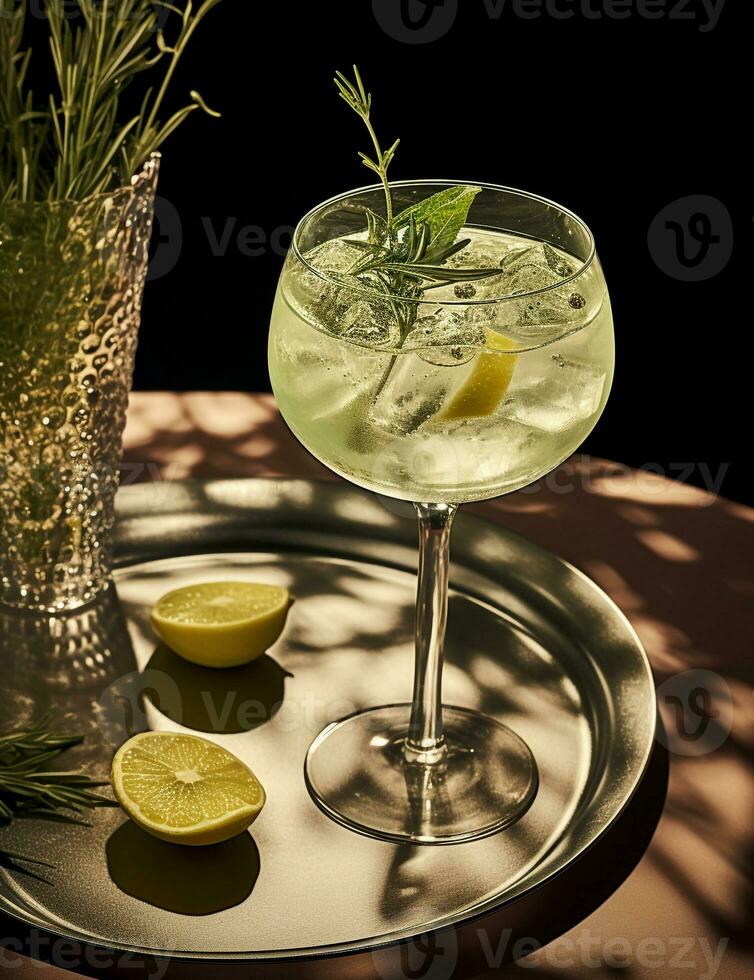 Foto av några gin och tonic dryck elegant pläterad på en tabell. generativ ai