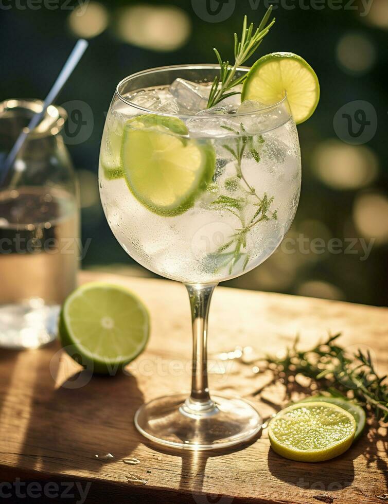 Foto av några gin och tonic dryck elegant pläterad på en tabell. generativ ai