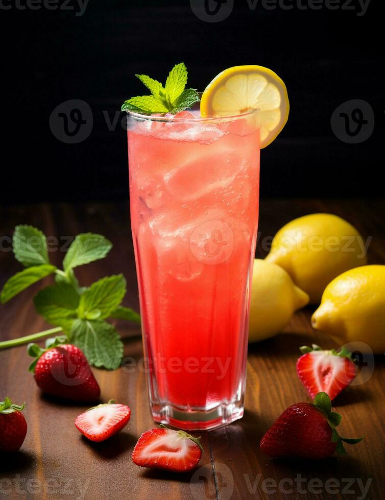 Foto av några jordgubb citronsaft dryck elegant pläterad på en tabell. generativ ai